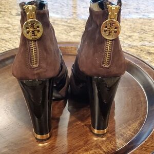 Tory Burch Brown and Black Heeled Boots with Peep-Toe